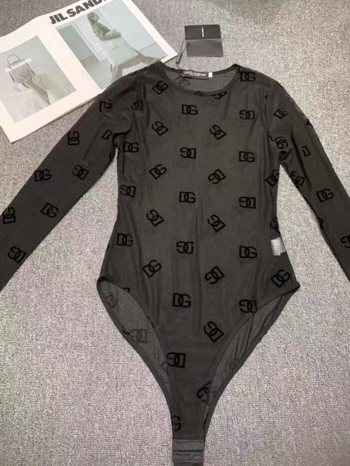 Dolce & Gabbana Long-Sleeve Monogram Mesh Bodysuit - Image 3