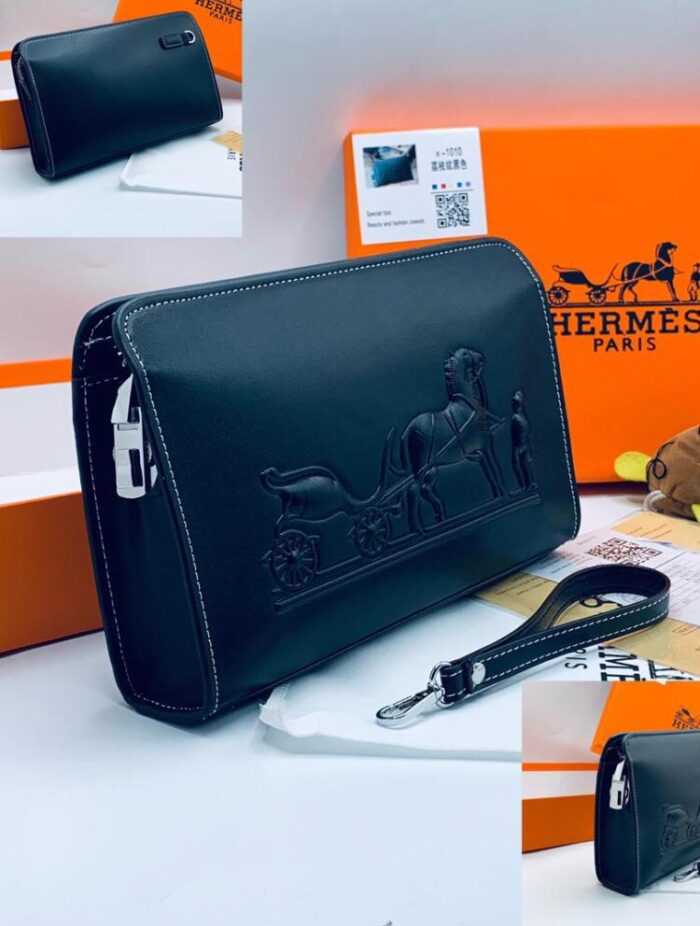 Hermès Black Leather Embossed Wristlet – Classic Luxury Pouch