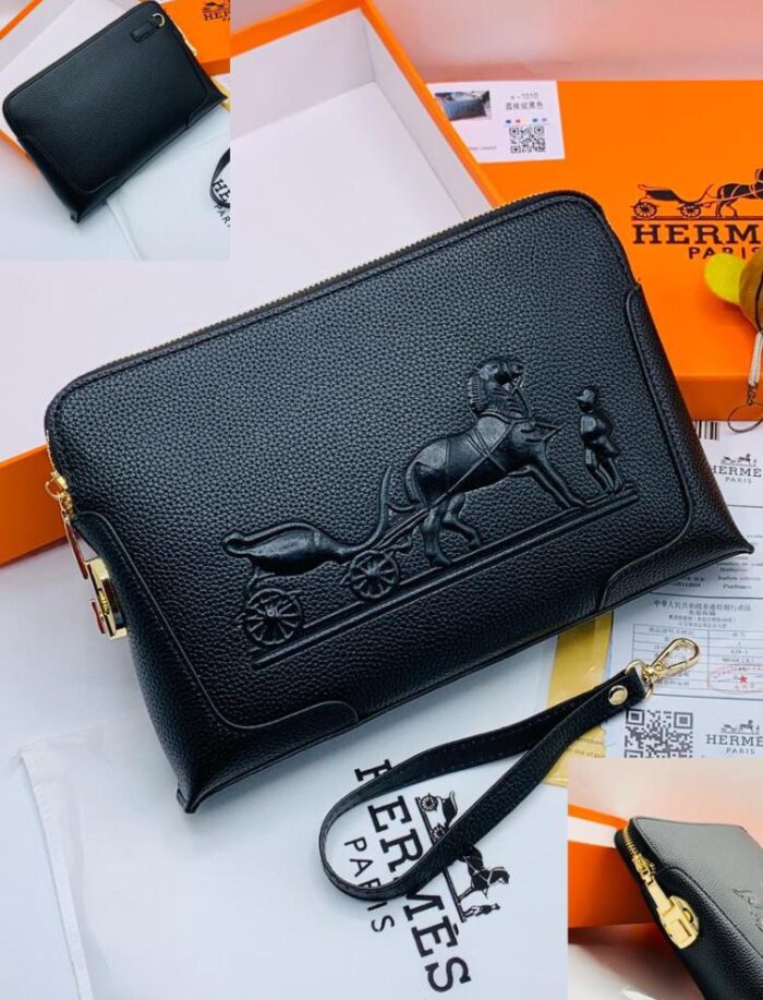 Hermès Black Leather Embossed Wristlet – Classic Luxury Pouch - Image 2