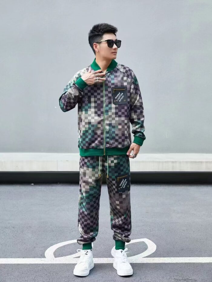 Men’s Brown Checkered Streetwear Tracksuit - Two Piece