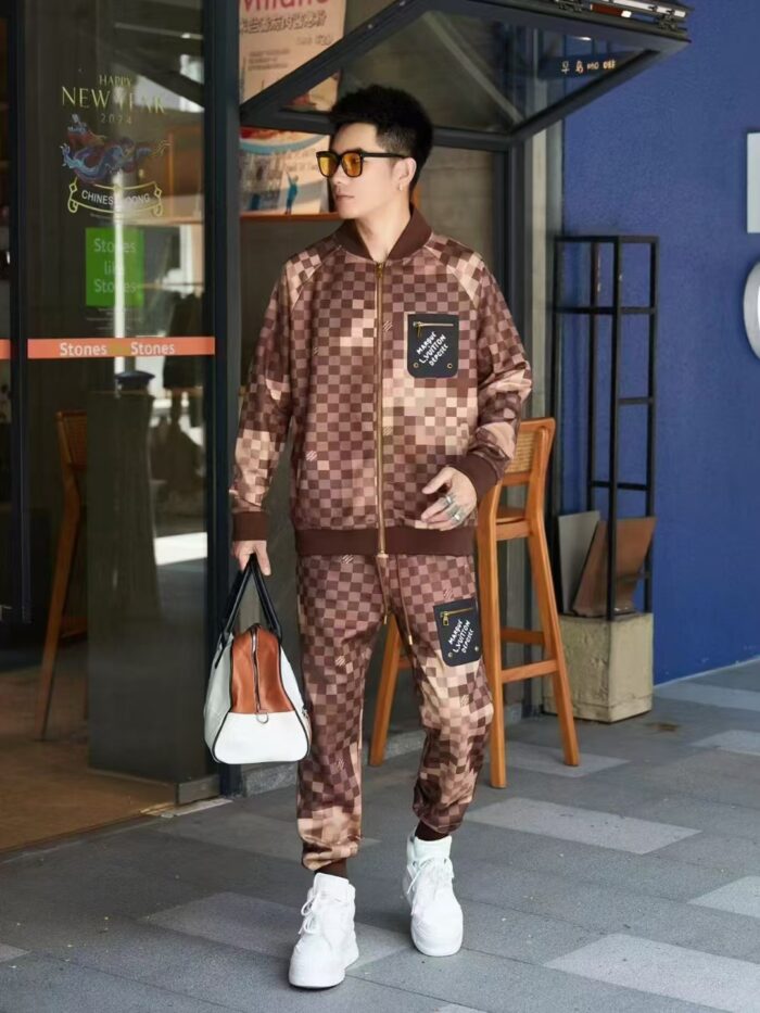 Men’s Brown Checkered Streetwear Tracksuit - Two Piece - Image 4