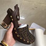 Fendi-Inspired Studded Brown Leather Block Heel Clogs